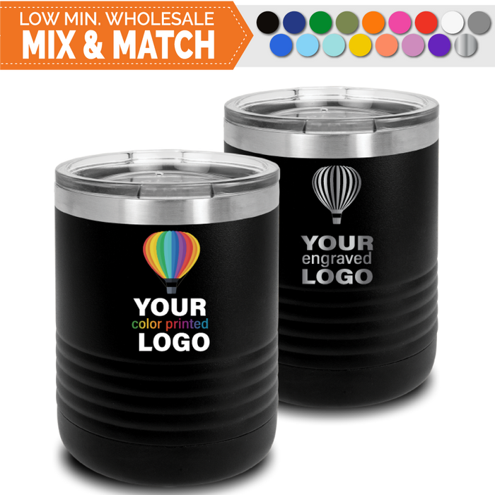 Bulk, wholesale, print on demand, low minimum laser engraved and uv color printed 10 oz lowball bar tumblers - available in powder coated colors red blue pink seafoam teal  purple navy maroon white black silver