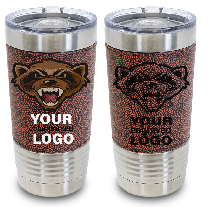 Football texture leather tumbler - 20oz bulk, wholesale, print on demand, low minimum laser engraved and uv color printed leatherette insulated promo stainless steel travel mug for fundraising, end of season foot ball team gift, football coach gifts, fantasy football trophy ideas