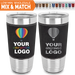 Bulk, wholesale, print on demand, low minimum laser engraved and uv color printed 20 oz leatherette insulated promo stainless steel drinkware with lid - available in faux leather colors black brown rustic tan bamboo white blue rawhide gray pink seafoam teal purple red
