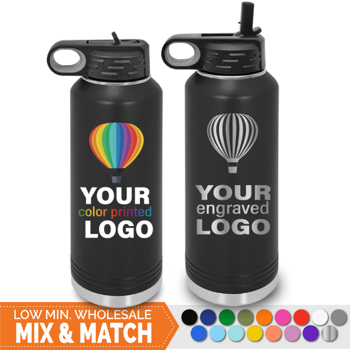 Bulk, wholesale, print on demand, low minimum laser engraved and uv color printed 40 oz water bottle flip-top chug lid with straw insulated promo stainless steel drinkware - available in powder coated colors red blue pink seafoam teal light blue lavender purple gray navy orange maroon white green black yellow coral olive green silver