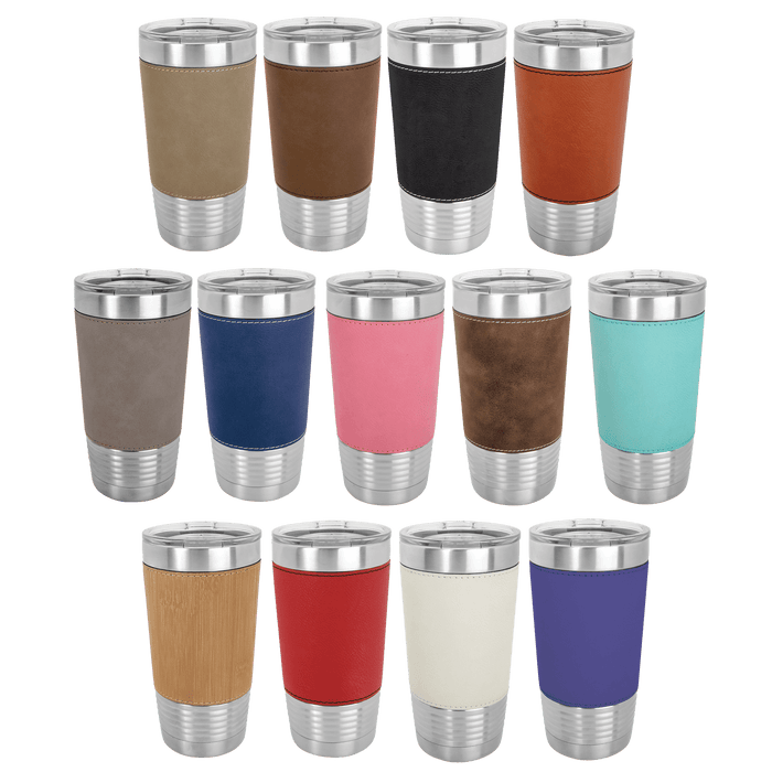 This Polar Camel 20 oz. tumbler is wrapped in the luxury of Laserable Leatherette and comes with a clear lid. The tumbler has all the heat/cold retention properties of Polar Camel, the added beauty of Laserable Leatherette, and the durability of both. Tape at the bottom, they fit most cup holdersand are available in several colors. They make great awards, personalized gifts, or incentives and are perfect for fundraisers!