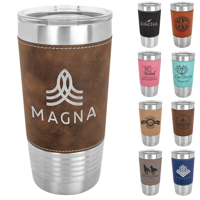 20 oz Faux Leather Personalized Tumbler -Logo Laser Engraved Insulated Stainless Steel + Lid