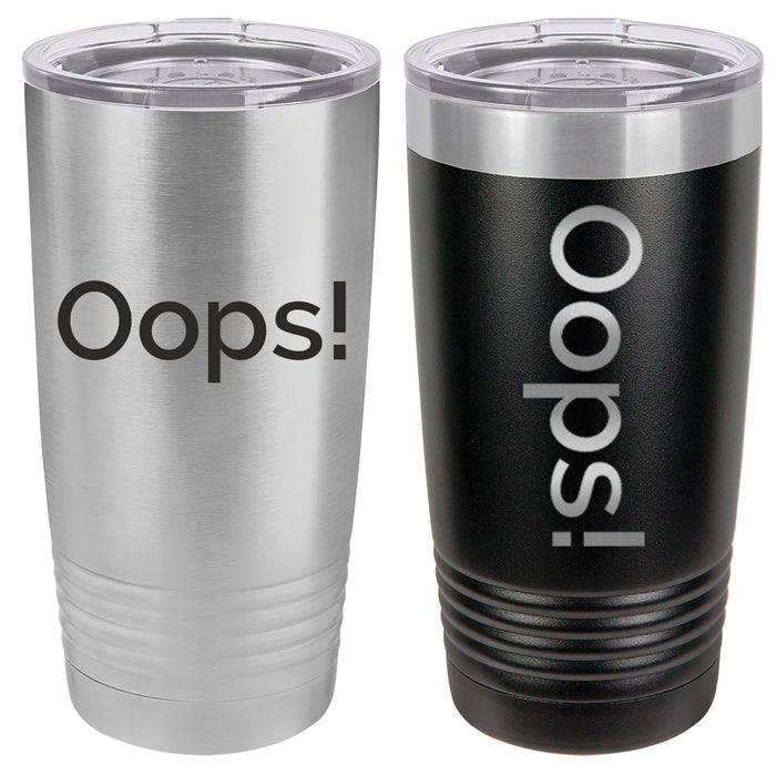 Fuh-Cup Engraving Error Vaso SureGrip aislado en blanco de acero inoxidable de 20 oz con tapa