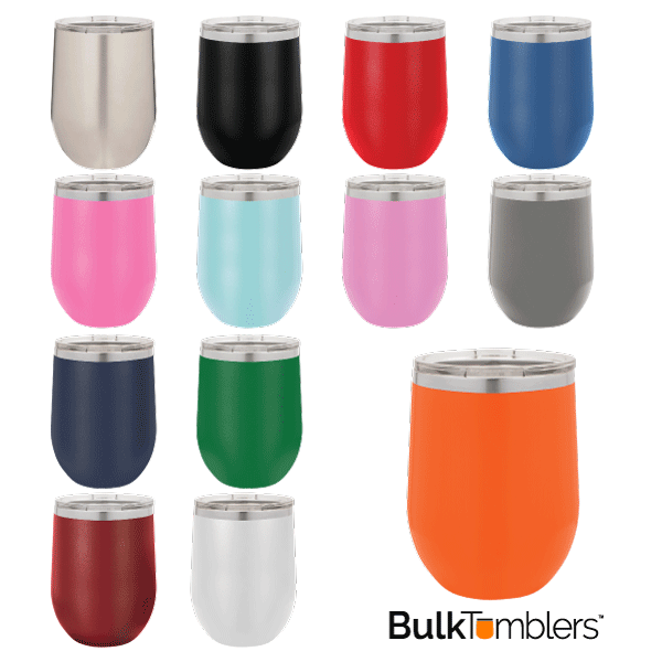 Vaso de vino sin tallo aislado de acero inoxidable en blanco de 12 oz con tapa