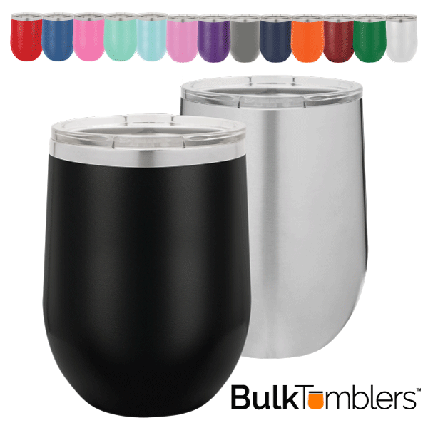Vaso de vino sin tallo aislado de acero inoxidable en blanco de 12 oz con tapa