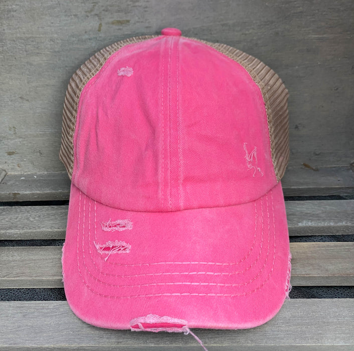 Authentic Pink CC Beanie CrissCross High Ponytail Trucker Hat Lavado desgastado Denim