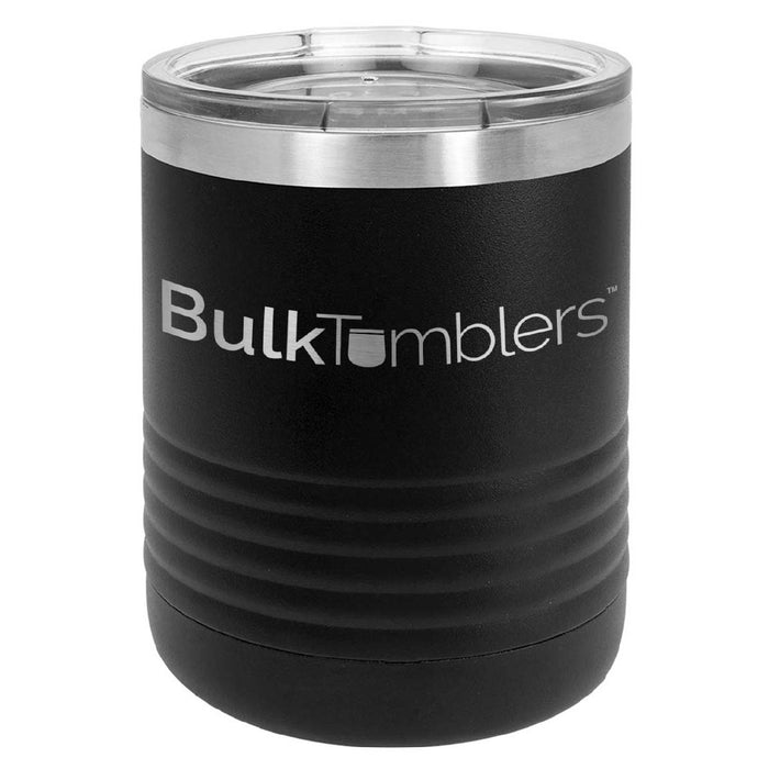 10 oz Lowball Whisky Glass w Logo Laser Engraved on Insulated Stainless Steel Rocks Tumblers + Lid