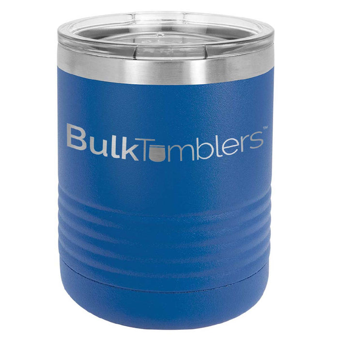 10 oz Lowball Whisky Glass w Logo Laser Engraved on Insulated Stainless Steel Rocks Tumblers + Lid