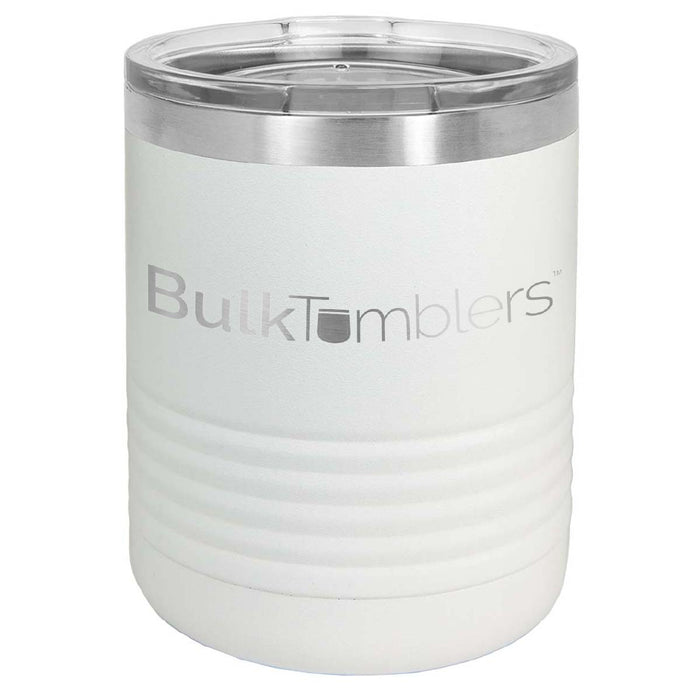 10 oz Lowball Whisky Glass w Logo Laser Engraved on Insulated Stainless Steel Rocks Tumblers + Lid