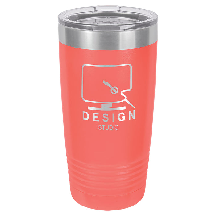 Fuh-Cup Engraving Error Vaso SureGrip aislado en blanco de acero inoxidable de 20 oz con tapa