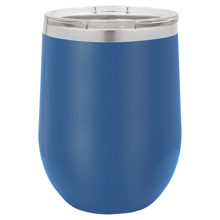 Vaso de vino sin tallo aislado de acero inoxidable en blanco de 12 oz con tapa