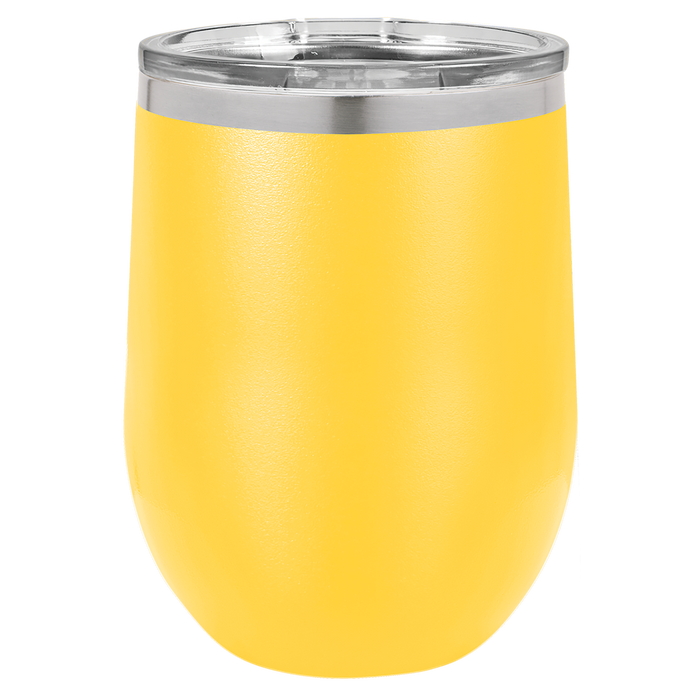 Vaso de vino sin tallo aislado de acero inoxidable en blanco de 12 oz con tapa