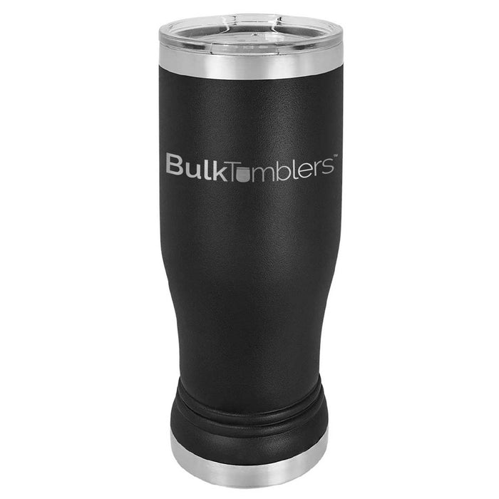 Vaso de vidrio de cerveza Pilsner personalizado promocional de 14 oz con logotipo grabado con láser en acero inoxidable aislado + tapa