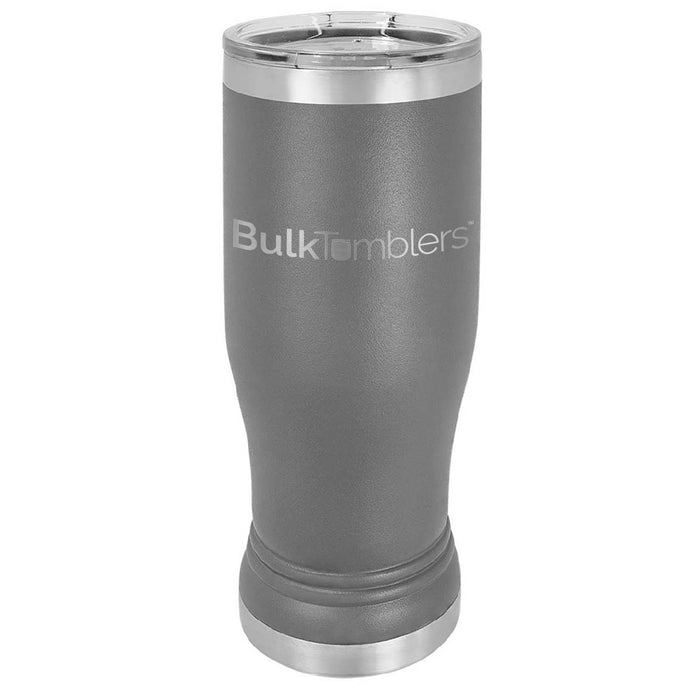 Vaso de vidrio de cerveza Pilsner personalizado promocional de 14 oz con logotipo grabado con láser en acero inoxidable aislado + tapa