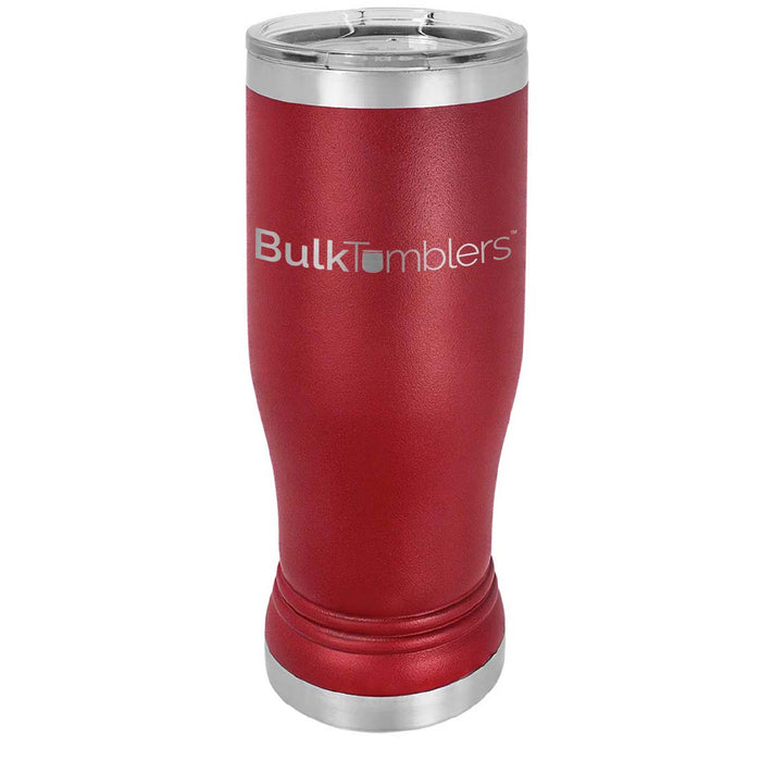 Vaso de vidrio de cerveza Pilsner personalizado promocional de 14 oz con logotipo grabado con láser en acero inoxidable aislado + tapa