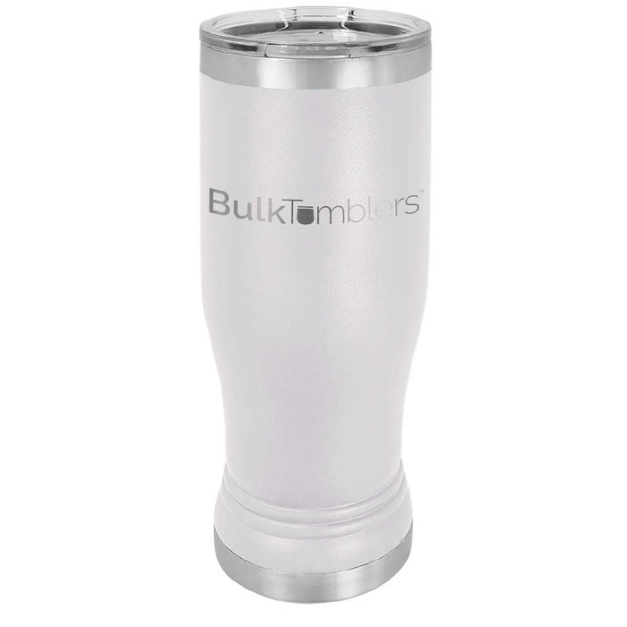 Vaso de vidrio de cerveza Pilsner personalizado promocional de 14 oz con logotipo grabado con láser en acero inoxidable aislado + tapa