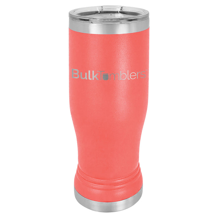 Vaso de vidrio de cerveza Pilsner personalizado promocional de 14 oz con logotipo grabado con láser en acero inoxidable aislado + tapa