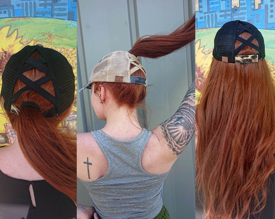 Authentic Red CC Beanie CrissCross High Ponytail Trucker Hat Lavado desgastado Denim